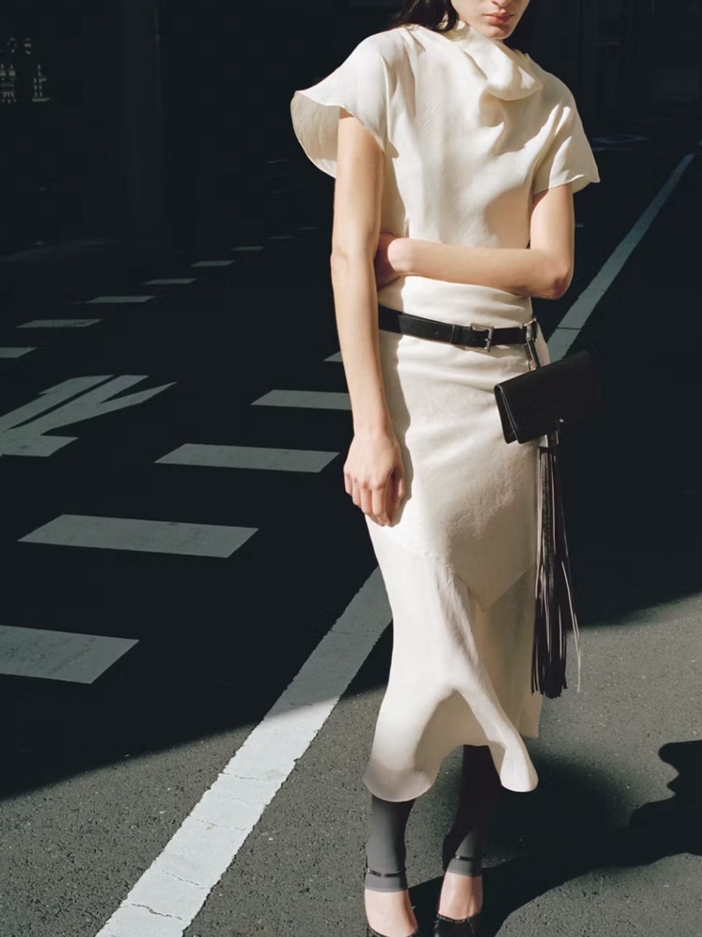 Mango Elegant Cream Maxi Dress with Cowl Neck LYOCELL DRESS WITH SCARF DETAIL